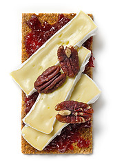 Image showing crispbread with jam, camembert and pecans