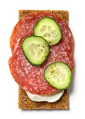 Image showing crispbread with cream cheese and salami