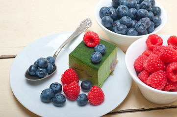 Image showing green tea matcha mousse cake with berries