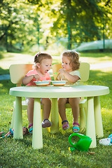 Image showing Two little girls sitting at a table and eating together against green lawn