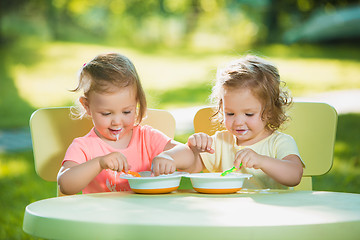 Image showing Two little girls sitting at a table and eating together against green lawn