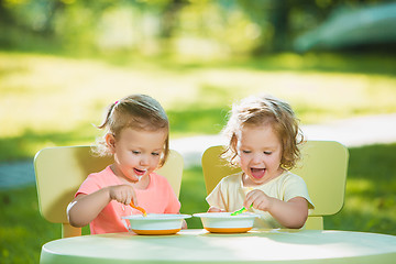 Image showing Two little girls sitting at a table and eating together against green lawn