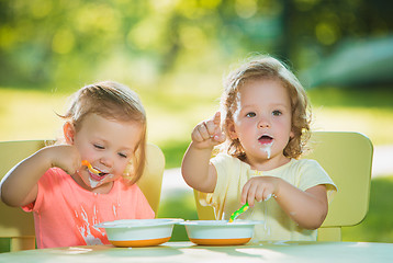 Image showing Two little girls sitting at a table and eating together against green lawn