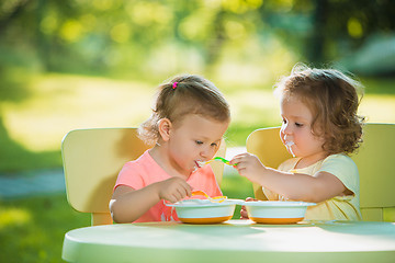 Image showing Two little girls sitting at a table and eating together against green lawn