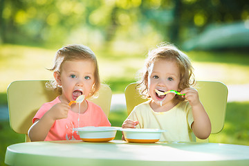 Image showing Two little girls sitting at a table and eating together against green lawn