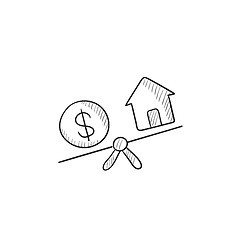 Image showing House and dollar symbol on scales sketch icon.