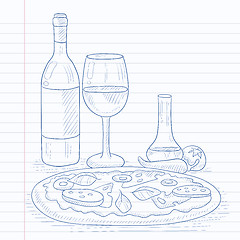 Image showing Dinner with wine and pizza.