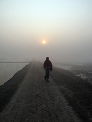 Image showing A stunning sunrise looking over the holiest of rivers in India. Ganges delta in Sundarbans, West Bengal, India