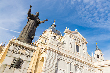 Image showing Pope John Paul II statue in front of Cathedral Almudena of Madrid, Spain.