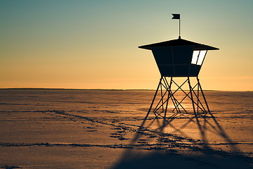 Image showing Life-guard's hut during sunset in winter