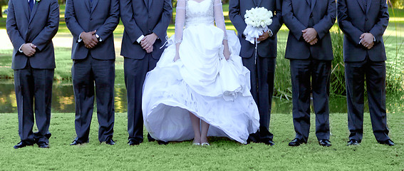 Image showing Bride and 6 Groomsmen Lined up Outdoors on Green Grass