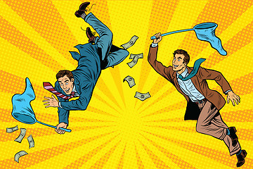 Image showing Competition, two businessmen catching money with a butterfly net