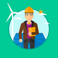 Image showing Male worker of solar power plant and wind farm.