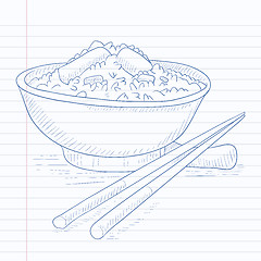 Image showing Bowl of boiled rice with chopsticks.