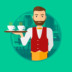 Image showing Waiter holding tray with cups of coffeee or tea.