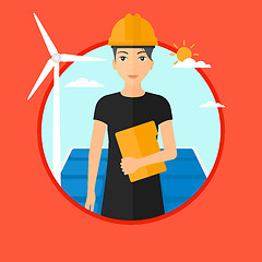 Image showing Female worker of solar power plant and wind farm.