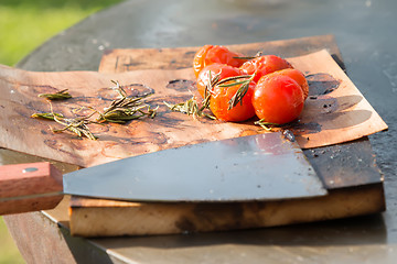 Image showing tomatoes on the grill pan  the table