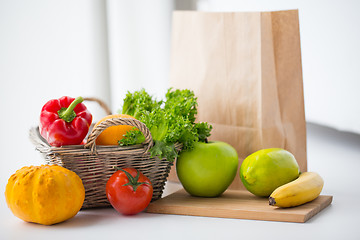 Image showing basket of fresh friuts and vegetables at kitchen