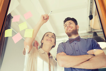 Image showing happy creative team writing on blank office glass