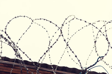 Image showing barb wire fence over gray sky