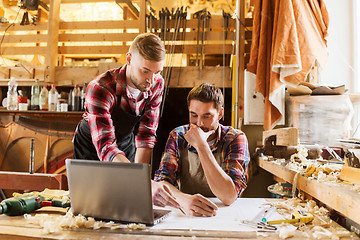 Image showing carpenters with laptop and blueprint at workshop