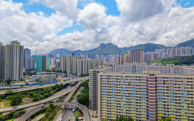Image showing hong kong public estate with landmark lion rock