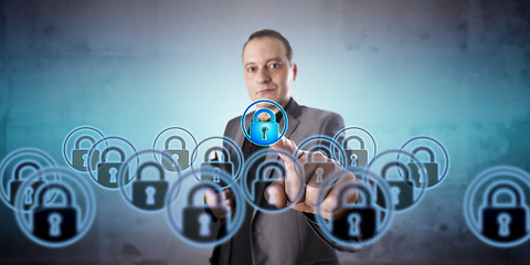 Image showing Man Picking A Virtual Lock Among Many Multiples