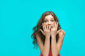 Image showing Portrait of young woman with shocked facial expression