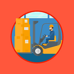 Image showing Warehouse worker moving load by forklift truck.