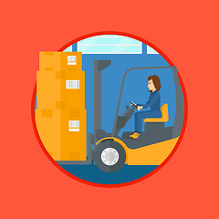 Image showing Warehouse worker moving load by forklift truck.