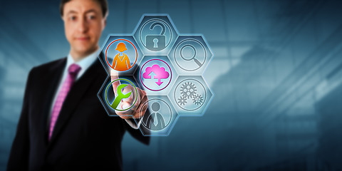 Image showing Business Man Touching Managed Service Icons