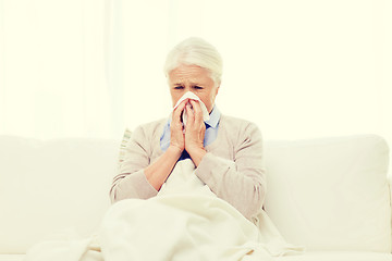 Image showing sick senior woman blowing nose to paper napkin