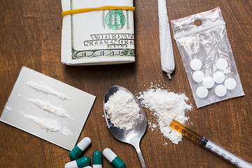 Image showing close up of drugs, money, spoon and syringe