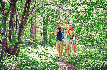 Image showing group of smiling friends with backpacks hiking