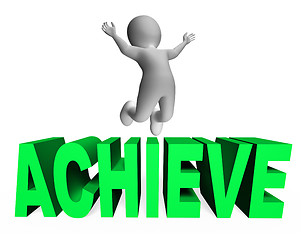 Image showing Achieve Character Indicates Man Jump And Achievement 3d Renderin