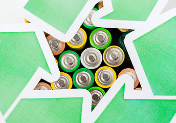 Image showing close up of batteries and green recycling symbol