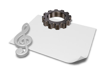 Image showing gear wheel and metal clef on white paper sheet - 3d rendering