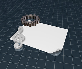 Image showing gear wheel and metal clef on white paper sheet - 3d rendering