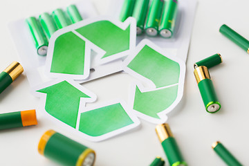 Image showing close up of batteries and green recycling symbol