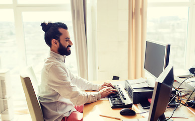 Image showing happy creative male office worker with computer