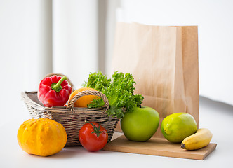 Image showing basket of fresh friuts and vegetables at kitchen