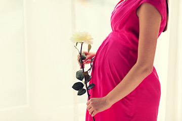 Image showing happy pregnant woman with rose flower at home