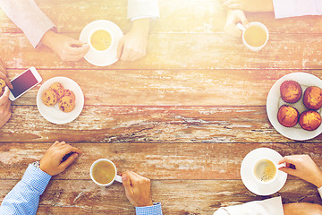 Image showing close up of business team drinking coffee on lunch