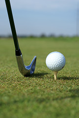 Image showing Golf ball in tall green grass set against blue sky