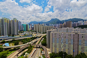 Image showing hong kong public estate with landmark lion rock 