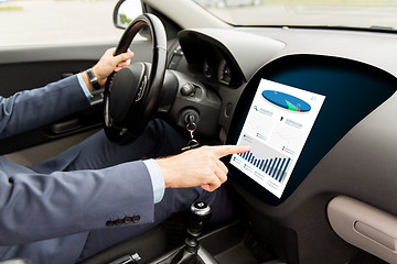 Image showing close up of man driving car with chart on screen