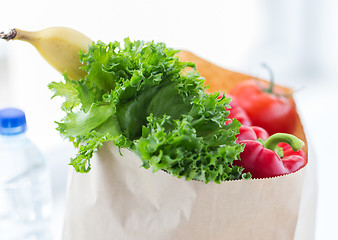 Image showing close up of bag with friuts, vegetables and water