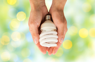 Image showing close up of hands holding energy saving lightbulb