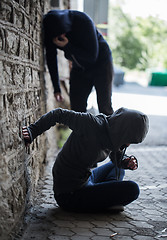 Image showing close up of addicts and drug syringes