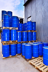 Image showing Blue metal fuel tanks of oil stored at the production site